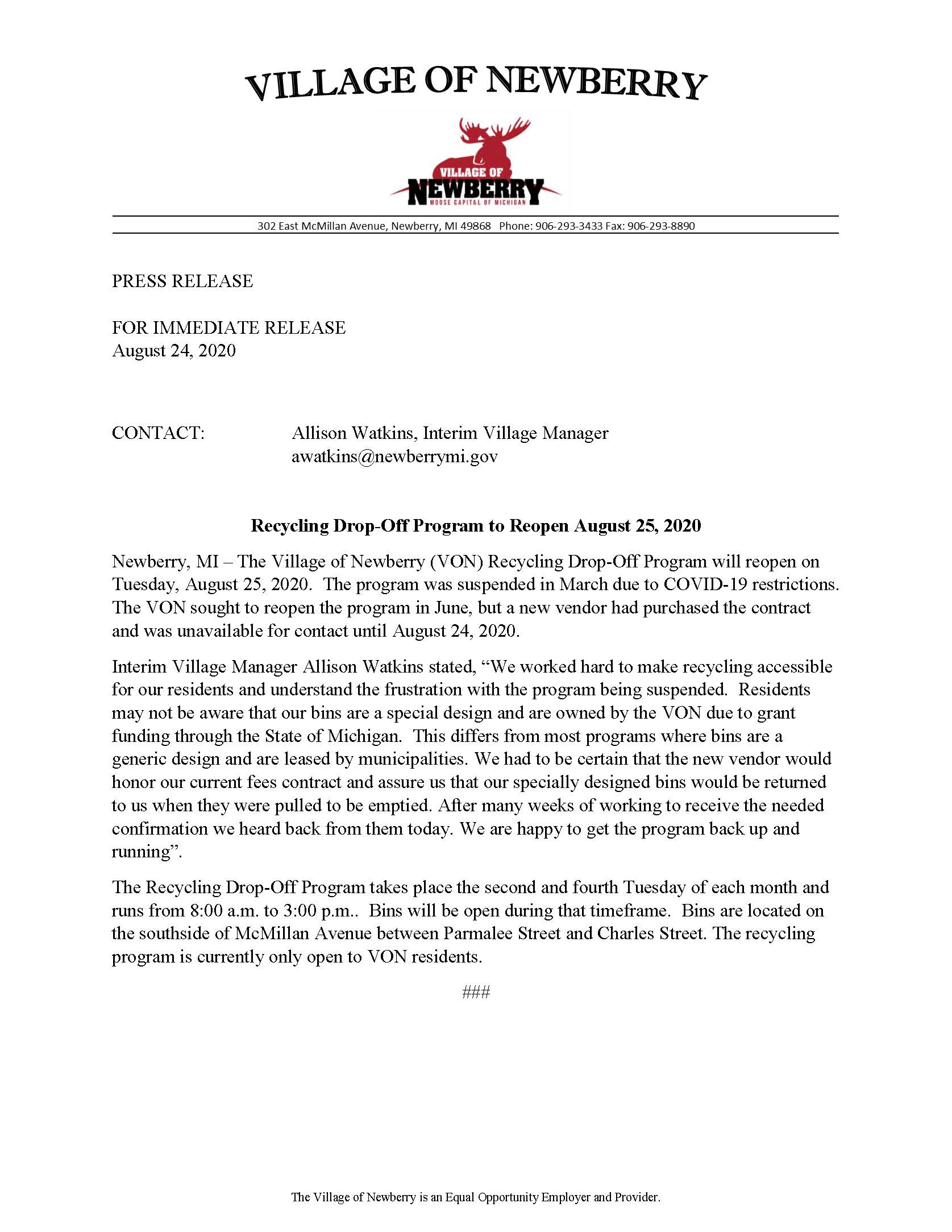 Press Release - Recycling Drop-Off Reopening August 2020